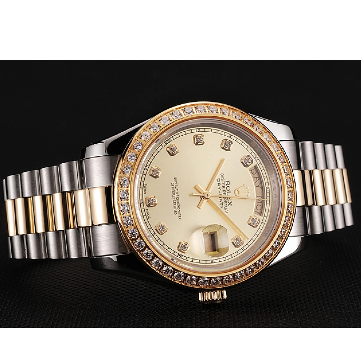 MiroTime 0705 Swiss Rolex Day-Date Champagne Dial Gold Diamond Case Two Tone Stainless Steel Bracelet 1453974